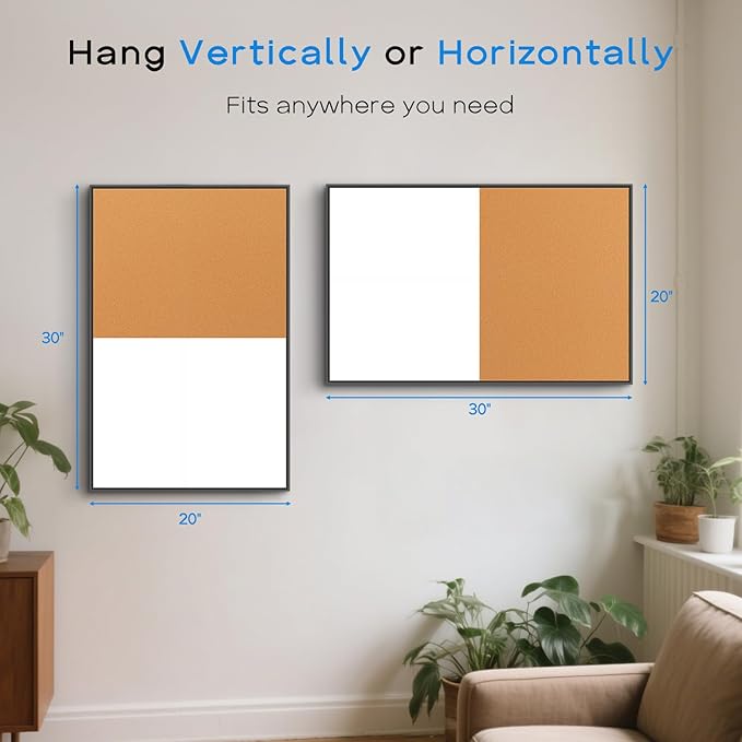 White Board Cork Board Combo, 30" x 20" Magnetic Dry Erase Whiteboard & Corkboard for Wall, Vision Board for Home Office School, Black Aluminum Frame