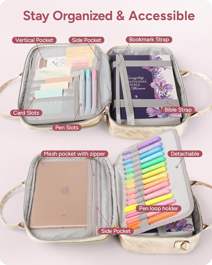 Bible Journaling Kit – Quilted Bible Cover Case for Women, 31 Highlighters, 75 Tabs, Bible Study Supplies & Christian Gift for Women and Teens (Shoulder Strap, Beige)
