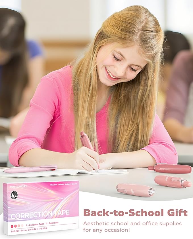 Four Candies Refillable Retractable White Correction Tape, 4PCS Smooth White Pull-Out Tape with 4 Extra Refills, Easy to Use Applicator for Instant Corrections for Office, School Supplies (Blue)
