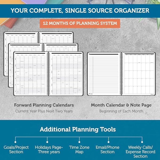 Planner Pad Spiral Bound 3-Tier Funnel Down 12 Month Medium Size Organizer, July 2026 – June 2027 / Academic Year, Black Cover/Black Ink, 6 3/4" x 8 1/2"
