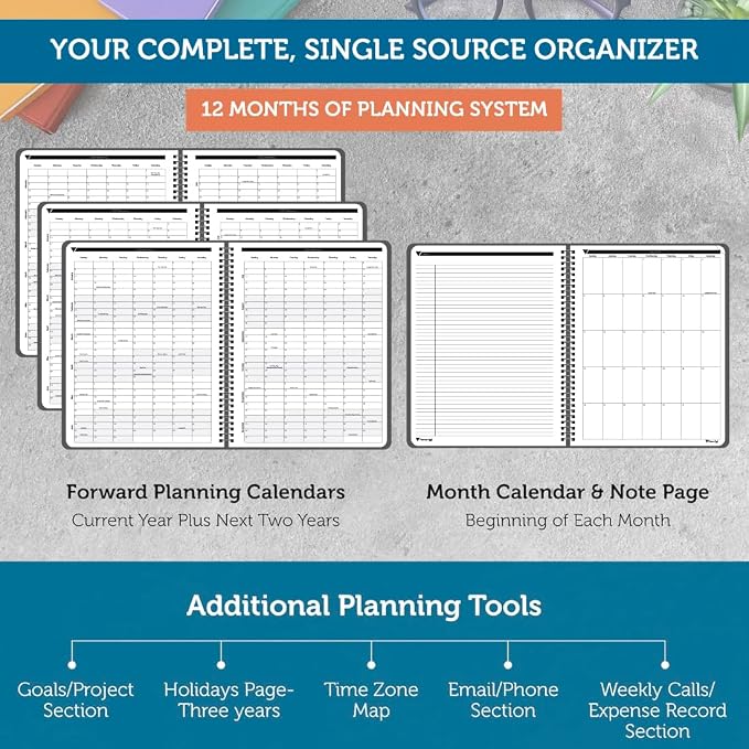 Planner Pad Spiral Bound July 2026 – June 2027 / Academic Year 6 3/4" x 8 1/2" 3-Tier Funnel Down 12 Month Medium Size Organizer, Black Cover/Black Ink