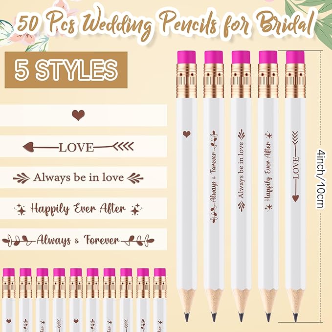 Crtiin 50 Pcs Bridal Shower Pencils Half Golf Wedding Pencils with Eraser 4 Inch Short Pocket Pre Sharpened for Wedding Game Bridal Shower Presents Classroom School(White and Rose Red)