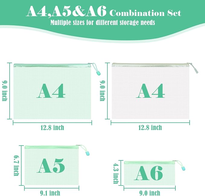 BAYTORY 18Pcs Mesh Zipper Pouch Bags, Clear Waterproof Document Bag, Assorted Color File Pockets, Large Capacity Plastic File Jackets, Multipurpose for Travel School Office and Home (Green)