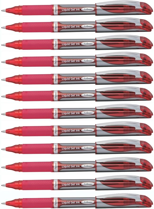Pentel ENER-GEL Deluxe Liquid Gel Pen, Bold Line, Metal Tip, Red Ink, Box of 12 (BL60-B)