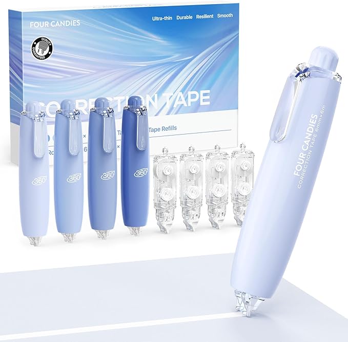 Four Candies Refillable Retractable White Correction Tape, 4PCS Smooth White Pull-Out Tape with 4 Extra Refills, Easy to Use Applicator for Instant Corrections for Office, School Supplies (Blue)