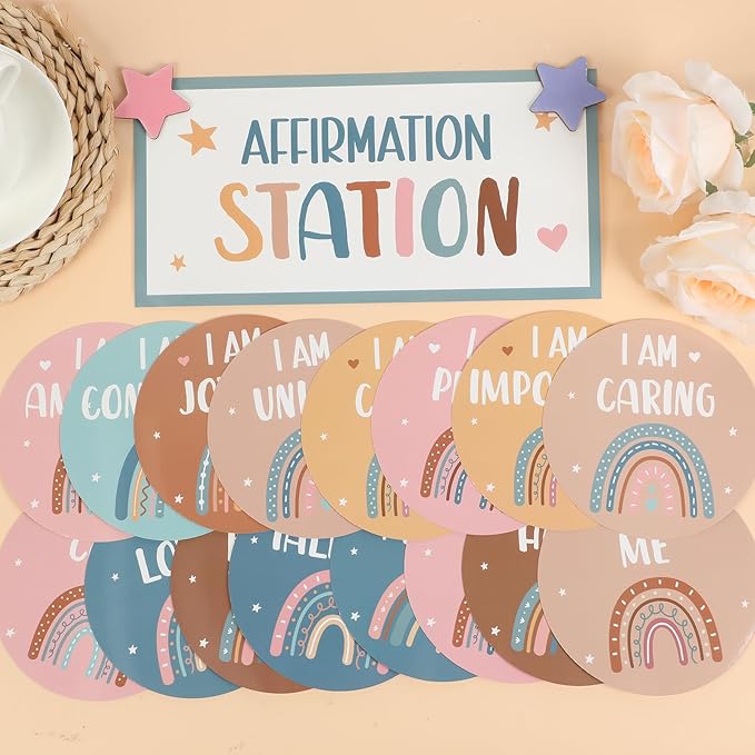 BOHO Affirmation Station Bulletin Board Set Rainbow Positive Bulletin Board for Classroom Mirror Growth Mindset Decoration Inspirational Motivational Accent Cutouts for Home School Teacher Wall Supply