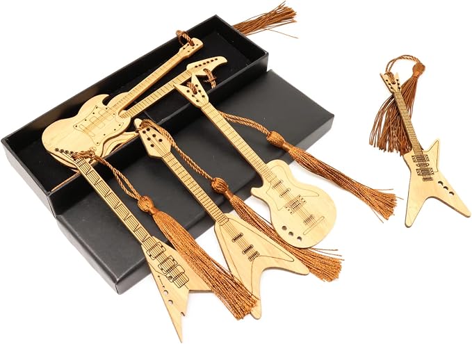 yueton 6PCS Creative Vintage Style Bookmarks Guitar Bass Musical Instruments Bamboo Bookmark with Beautiful Tassels for Office, School, Home, Library and Bookstore Use - with a Gift Box