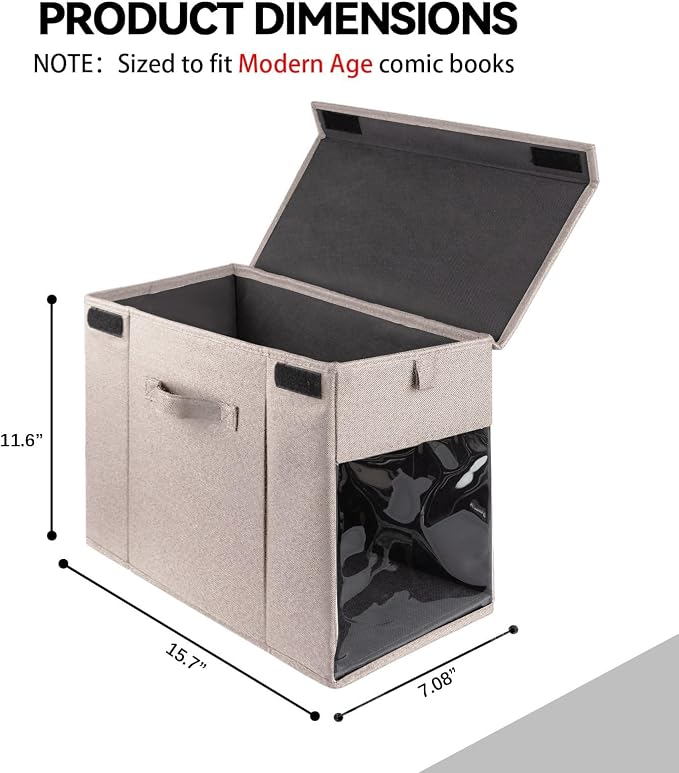 2 Pack Comic Book Storage Box with Lid for Modern Age, Collapsible Magazine Organizer with Clear Window, Beige
