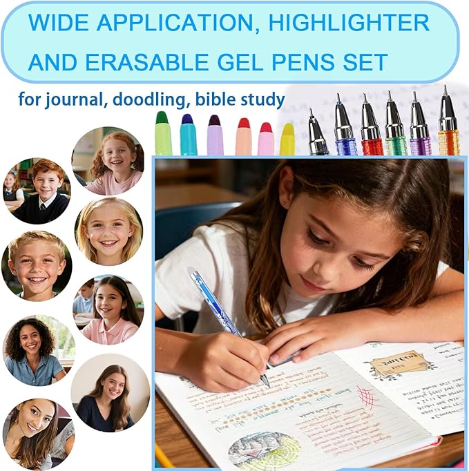 55 Pcs Aesthetic Highlighter and Erasable Pen Set, including 6 Bible Highlighters, 8 Erasable Pens, 40 Refills and1 Eraser,No Bleed, Perfect for Bible Study Journaling Planner Notes School Supplies