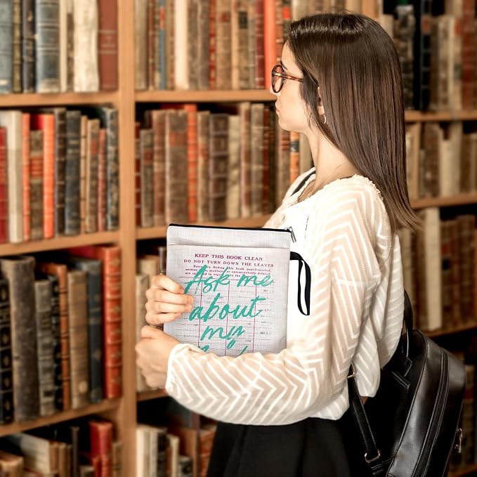 Ask Me About My Books Book Sleeve for Women Book Lovers, Library Card Pattern Bookcover Protector for Paperbacks with Handle & Pocket for Friends Librarian Bookish Book Club, Christmas Gifts