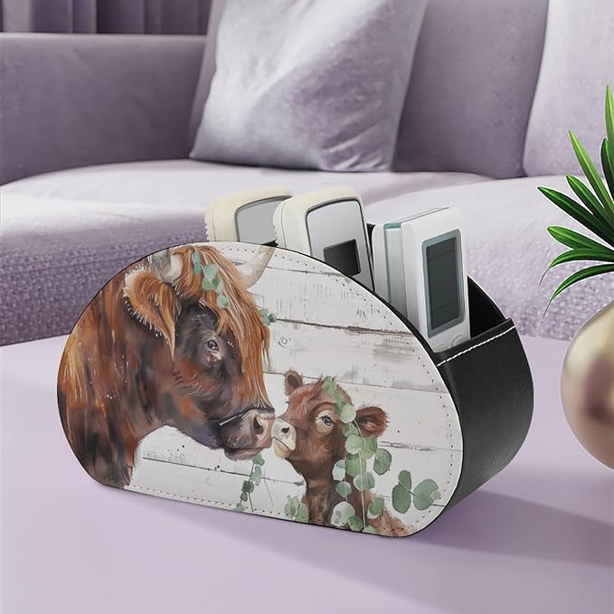 Highland Cow Farmhouse Remote Control Holder Remote Organizer Storage Box for Multi-Media Controllers with 5 Compartments for Cosmetics Office Supplies