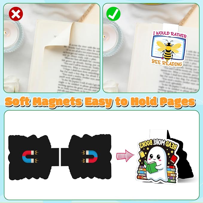 24Pcs Magnetic Bookmarks for Reading - Super Cute Library Booklist Nerd Themed Book Marker, Bookish Reading Page Marker Clip Bookish Nerd Gift for Reader Graduation Back to School Rewards Birthday