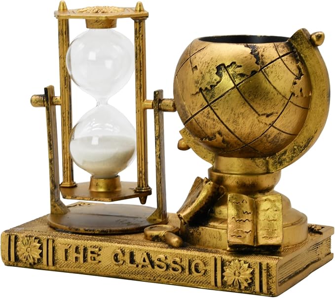 Owlgift Globe-Themed Pencil Holder with Hourglass, Resin Desktop Organizer for Office & Study, Pen Holder with Sand Timer, Classic Globe Addition Scissors Storage, Artistic Gift for Travel Lovers