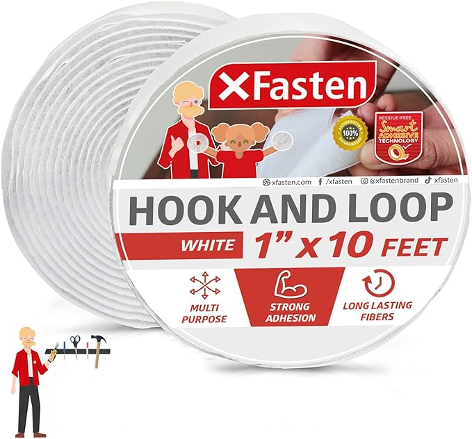 Hook and Loop Roll, White, 1-in x 10-Ft Hook and Loop Tape Heavy Duty Strips with Adhesive, Fastening Strips with Adhesive for Fabric, Tools - XFasten