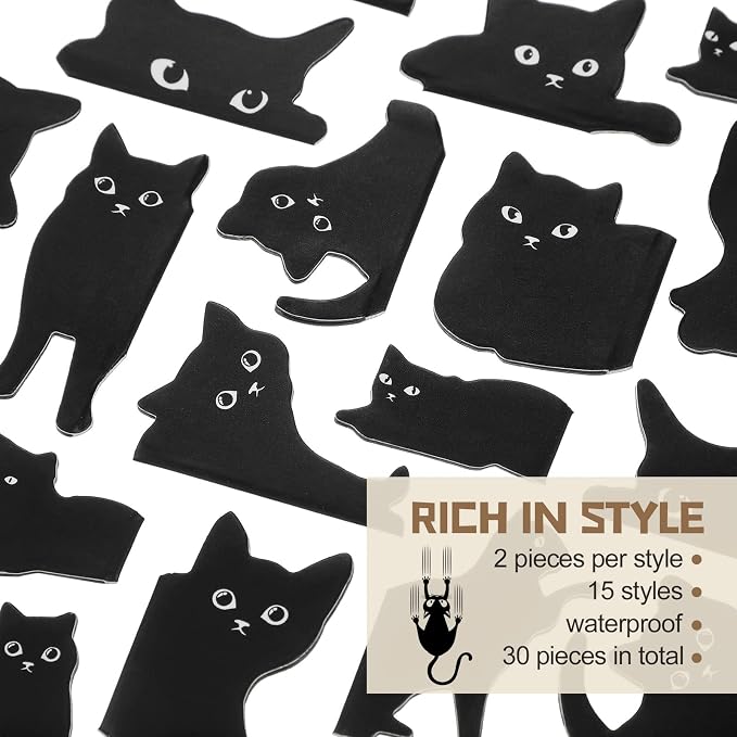Teling 30 Pieces Black Cat Magnetic Bookmarks Assorted Cute Cat Bookmark Magnetic Book Page Clips Kawaii Animal Page Markers for Book Lovers Gifts Office Home Supplies, 15 Styles