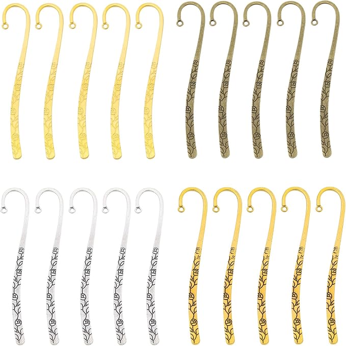 20 Pack Metal Bookmark, Metal Bookmark Hairpin Hook Carved Antique Vintage with Loop Book Markers Embossed Bookmarks, Jewelry Making Charms