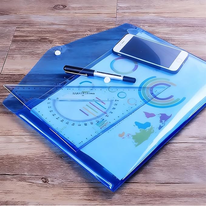 Clear Document Folders Transparent Filing Envelopes Waterproof Plastic Envelopes File Holder Filing Document Poly Envelope with Snap Button Closure for A4 Letter Paper Size (Blue, A4)