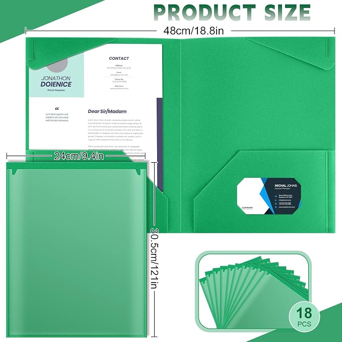 Henoyso 18 Pack Green Plastic Folders with Clear Front Pockets Heavy Duty File Folders with 2 Pockets and Card Slot for Student Communication School Office Presentation Report