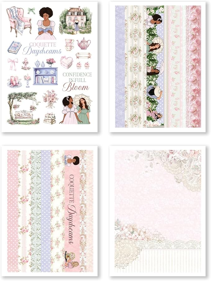 Coquette Dreams Monthly Planning Kit Bundle – Romantic Planner Kit with Functional & Decorative Pages, Vellum, Scrapbooking Papers, PET Tape 3.0 & Pen for Journaling & Feminine Planning