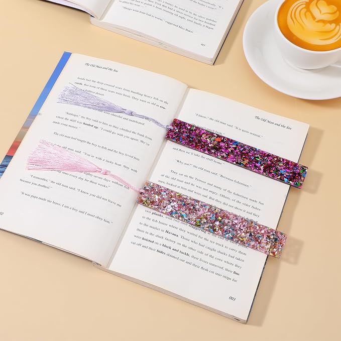 2 Pcs Tassel Bookmarks Girls Resin Glitter Bookmarks for Women Pink Purple Glitter Acrylic Bookmark with Colorful Silk Tassels for Women Girls Book Lovers Reading Presents