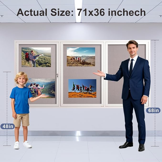 71x36 Inch Lockable Enclosed Bulletin Board, Weather-Resistant Outdoor Noticeboard with 2 Locking Doors, Wall-Mounted Silver Aluminum Frame & Grey Felt Presentation Board