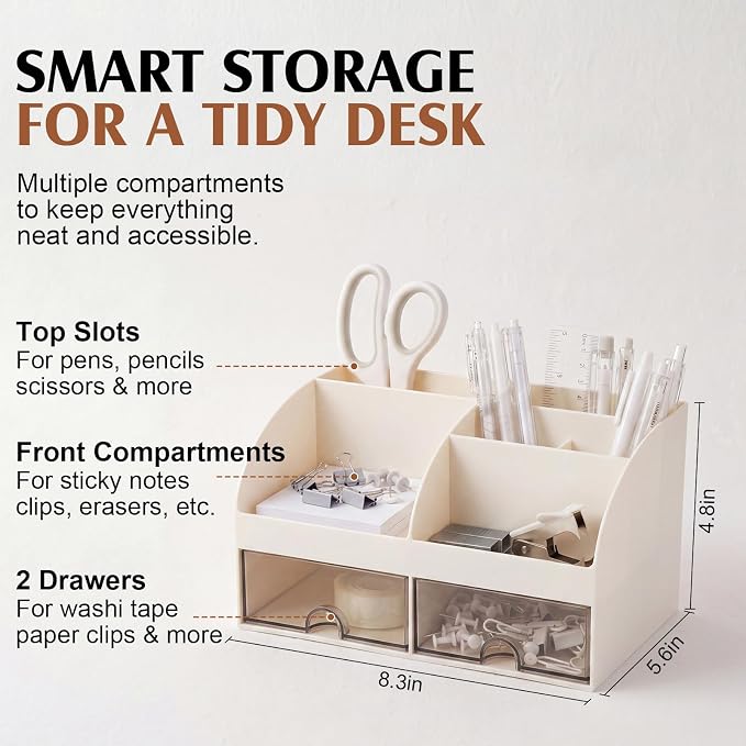 Eersida Office Desk Accessories Supplies, 26 Pcs Desk Organizer with Tape Dispenser, Stapler, Staple, Staple Remover, Scissor, Ruler, Sticky Tabs, Tape, Ballpoint Pen, Pencil, Clips for School(White)