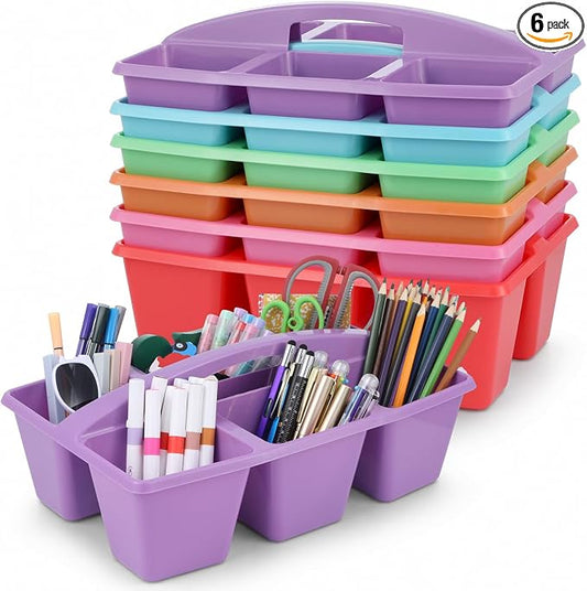 6 Pack Assorted Colors 6 Compartment Classroom Caddy with Handle Portable Plastic Storage Classroom Caddies Organizer for Classrooms Supply Teacher Office Table Desk(Rainbow)