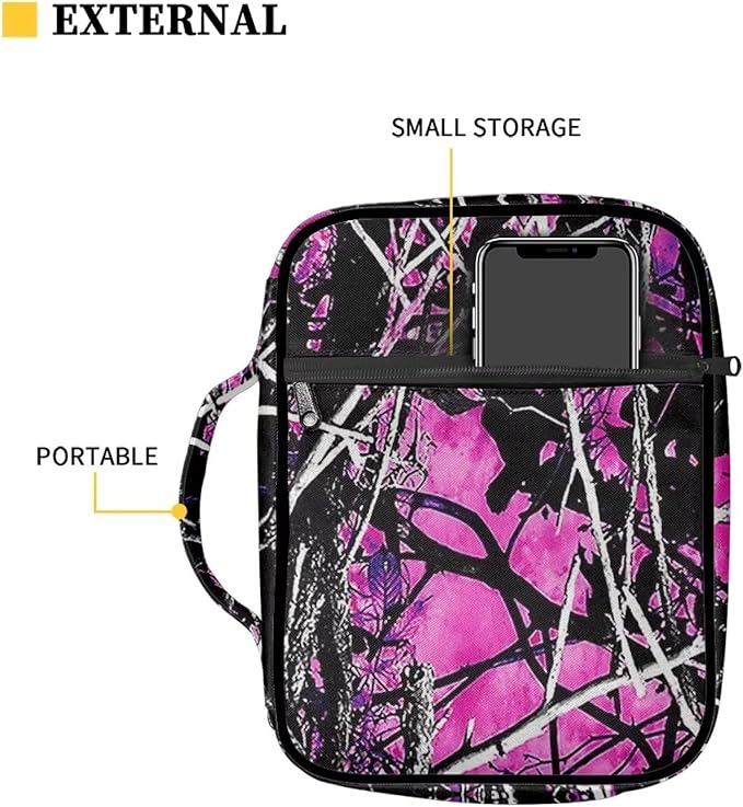 Suobstales Forest Camouflage Bible Cover Bible Case for Women Girls Pink Hunting Camo Carrying Book Cover Church Bag Bible Protective Bag with Handle and Zippered Pocket