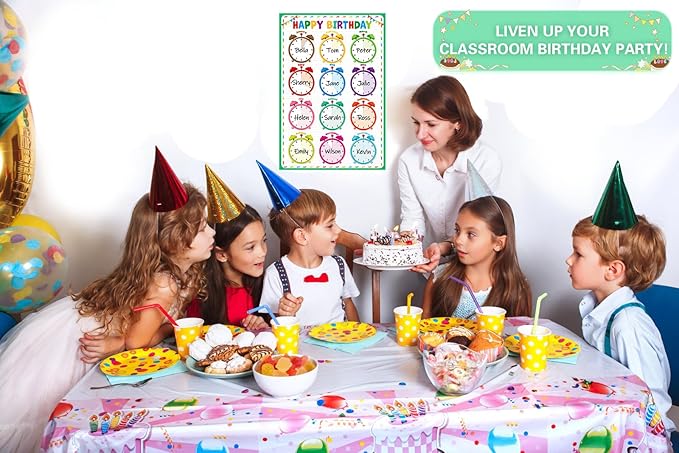 D24TIME Classroom Birthday Chart Calendar - Colorful Reusable Laminated Happy Birthday Poster for Bulletin Board Decoration & Back To School Teacher Supplies