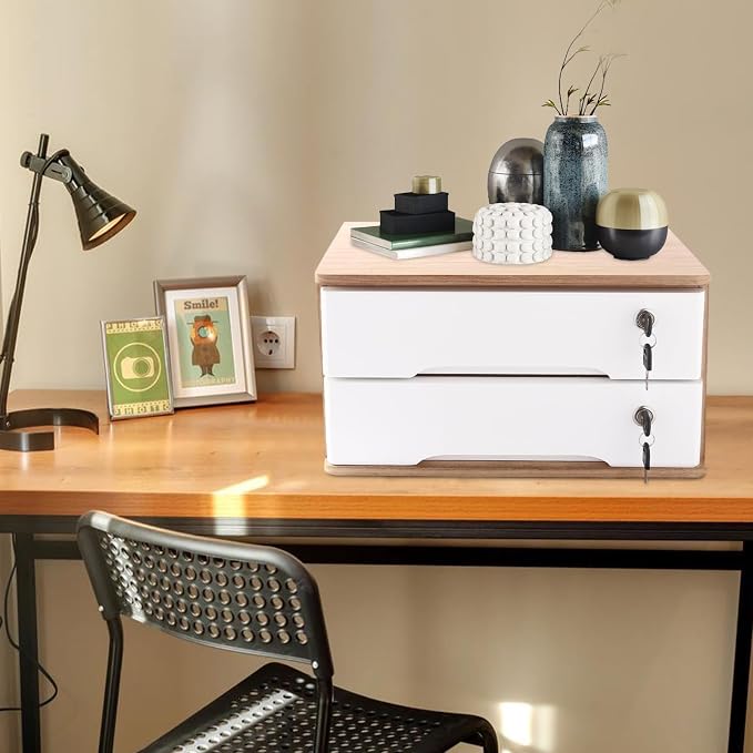 Wooden Desktop Storage Box with Lockable Drawers, Flat File Cabinet Drawer Desktop Storage Box, Countertop Storage Cabinet for Office Home Toiletries Supplies Vanity (natural wood+white, 2 Drawer)