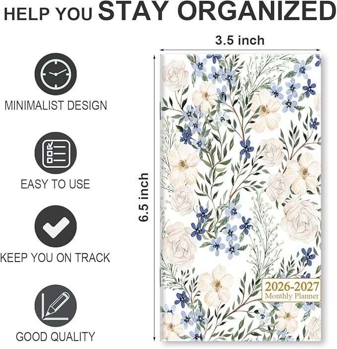 2026-2027 Mini Pocket Planner – 21-Month Pocket Calendar from April 2026 to December 2027, 3.5" x 6.5" Saddle-Stitched Monthly Calendar with Notes Pages – Compact Organizer for Purse, Office, Travel, Crushed Flower