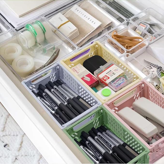 4 Pack Mini Foldable Plastic Small Baskets for Organizing and Storage, Collapsible Storage Crate for Home Bedroom Office Classroom Drawer Organizers (5.9x3.9x2.2in) Mini Size