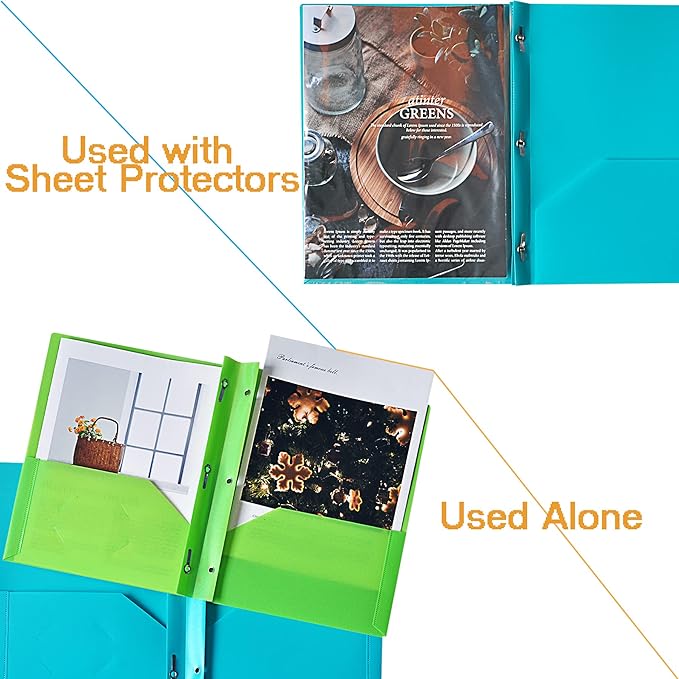 Seashell 12 Pack 2 Pocket Folders with Prongs, Plastic 3 Hole Punched Folder with Two Pockets, Letter Size, Heavy Duty, Assorted Colors, for Office and Classroom Use