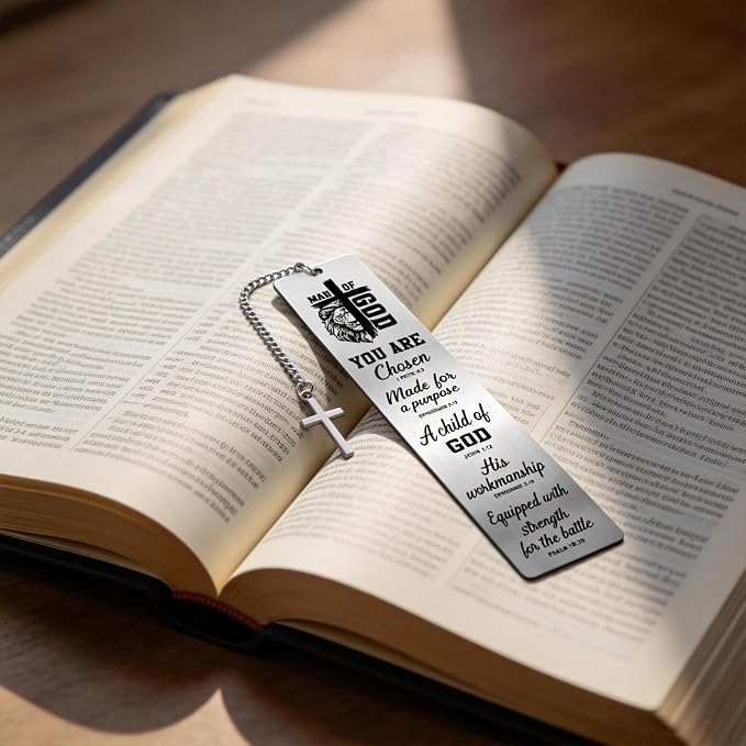 Bible Verse Metal Bookmark - Christian Man of God Lion Book Mark with Cross Pendant Religious Scripture Inspirational Page Marker Gift for Reading Men Birthday Church Baptism Accessories