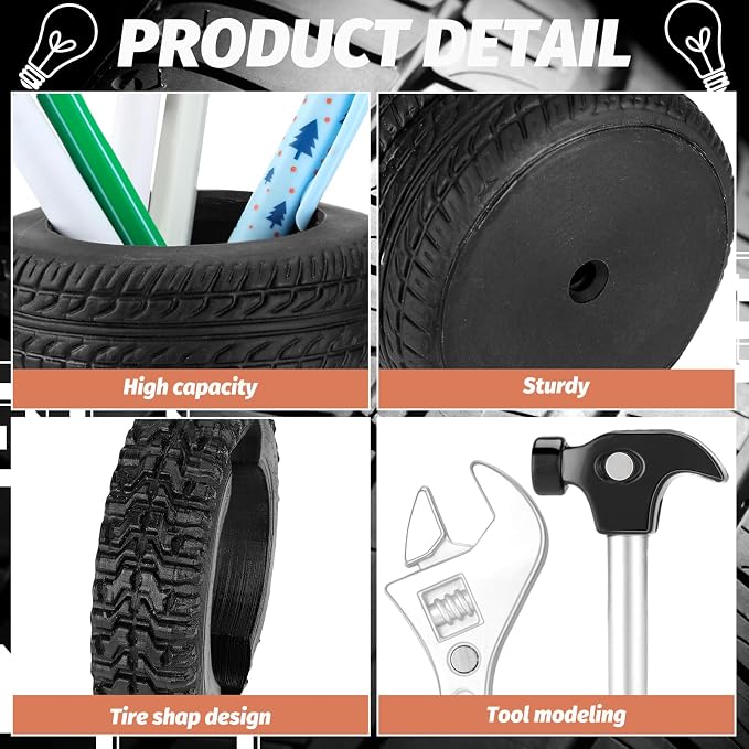 Eersida 4 Pcs Tire Shape Stationery Set Tire Shaped Pen Holder Automotive Business Card Organizer Tool Ballpoint Pens for Man Desk Office School Cool Mechanic Gifts Car Lovers Accessories