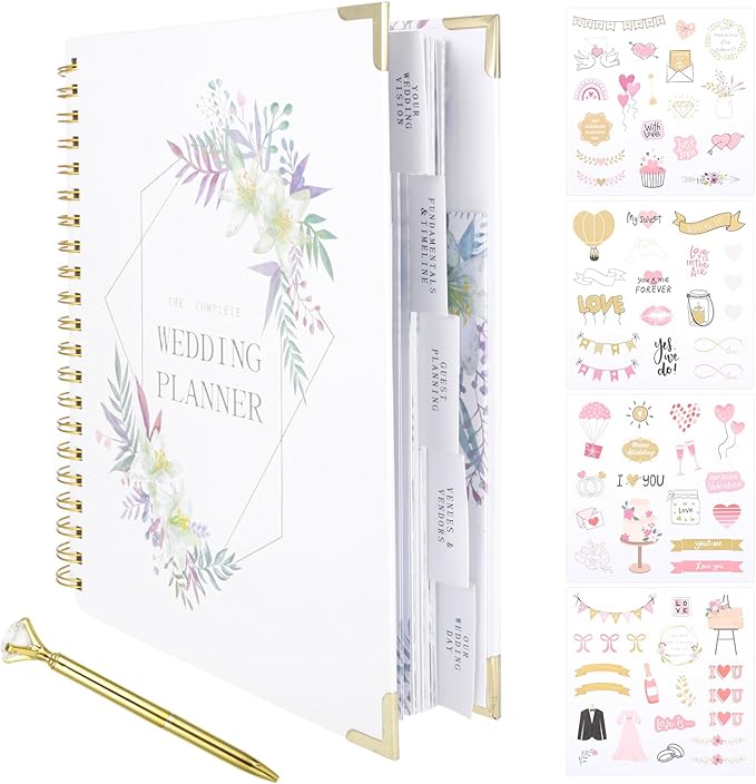 Wedding Planner Book and Organizer for Brides, 9.6 x 11 Inch Planning Binder with Countdown Calendar, Budget Sheets, Checklist, Floral Engagement Diary & Gift for Newly Engaged Couples