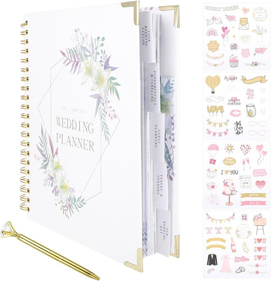 Wedding Planner Book and Organizer for Brides, 9.6 x 11 Inch Planning Binder with Countdown Calendar, Budget Sheets, Checklist, Floral Engagement Diary & Gift for Newly Engaged Couples