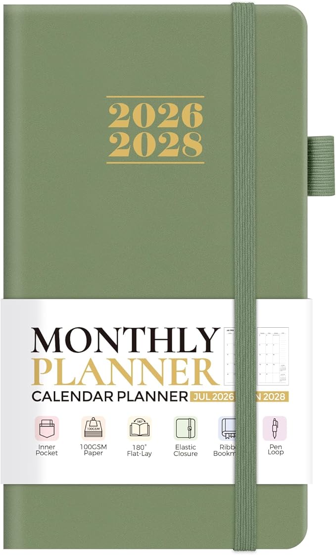 KONVINIT Pocket Calendar 2026-2028, 24-Month Pocket Calendar 2027 Planner Runs from July.2026 Until June.2028, Green PU Monthly Planner with Inner Pocket, Pen Loop, Elastic Closure for School & Office Supplies, 3.54”×6.69”