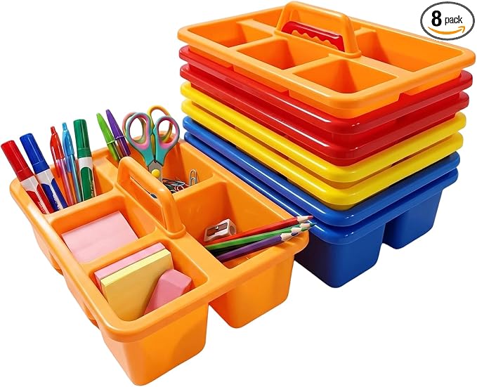 8 PCS Classroom Caddy, Plastic Caddy Organizer with Handle, Art Supply Organizer with 5 Compartment Small Portable Storage Bin for Classrooms, Office, and Home, 8”×5.7”×3”， Assorted Colors
