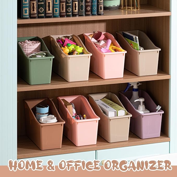 Geetery 12 Pcs Book Bin for Classroom with Labels Stackable Plastic Organizing Bins 11.5 x 5.4 x 7.5 in Book Holders Storage Bins Box Baskets for Classroom Library Home (Terrazzo Color)