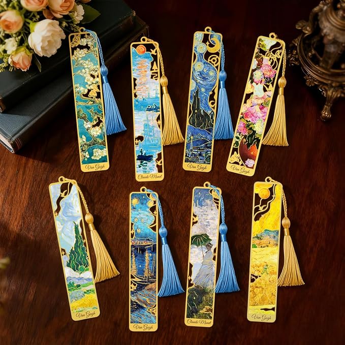 Kinsound Metal Bookmarks with Tassel, Golden Van Gogh Monet Oil Painting Theme Cute Hollow Book Markers for Reading Women, Teachers, Students, Reading Accessories Gifts for Book Lovers (Style B(8PCS))