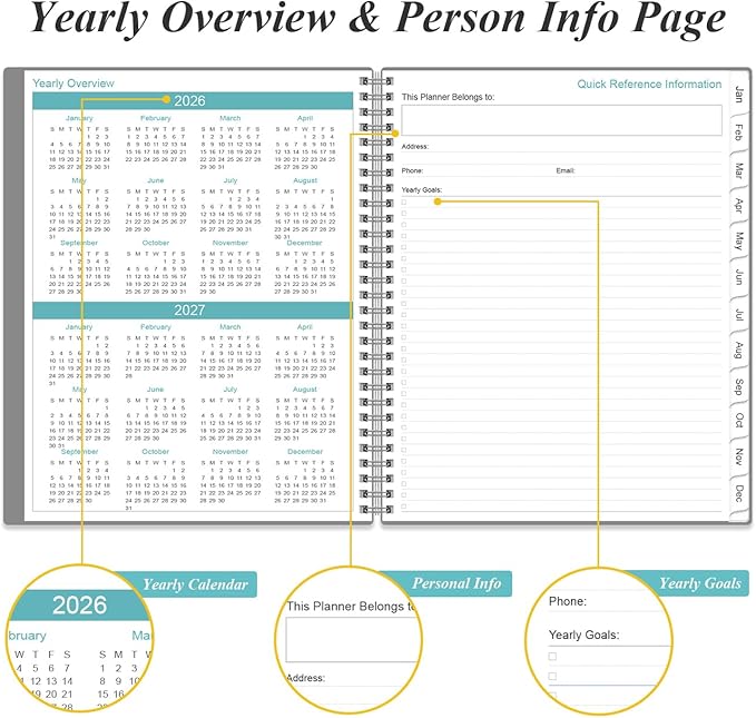 2026 Planner - Planner 2026 from January 2026 to December 2026 with 12 Monthly Tabs, Flexible Cover, Inner Pocket, 8.5" x 11", Grey-C
