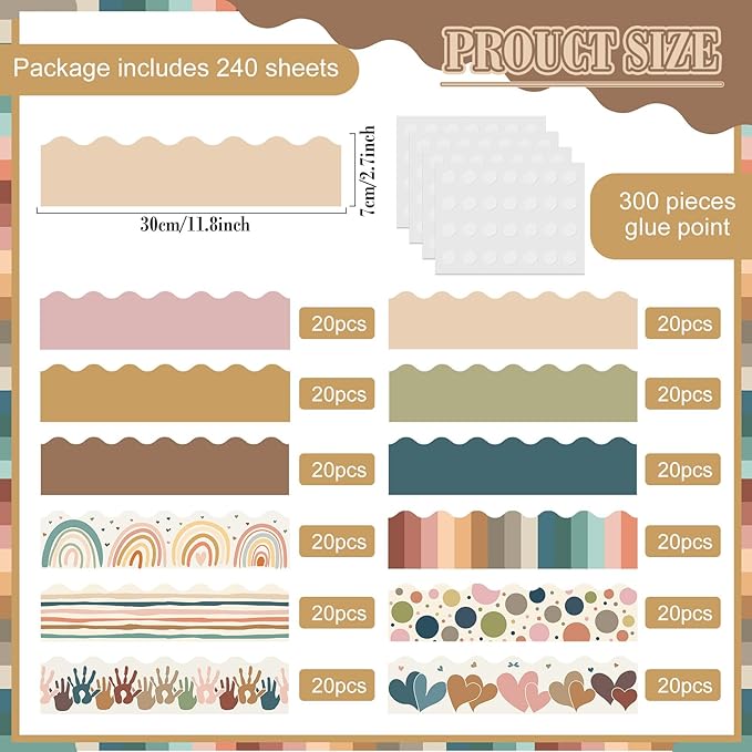 240 Pcs 236ft Holiday Bulletin Board Borders Colorful Rainbow Scalloped Border Trim Bulk Bulletin Decor for Classroom Back to School Decor(Bohemia)