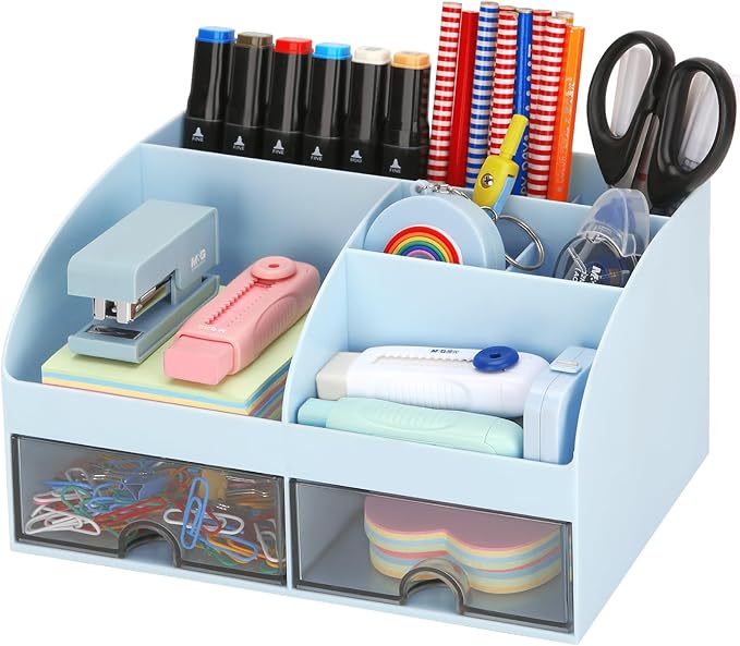 Office Desk Organizer with Drawers for Desktop/Tabletop/Counter, Desk Top Accessories Stationary Organizer Desk Caddy, Pen/Pencil/Business Card/Sticky Note Tray/Paperclip Holder Storage Box (Blue)