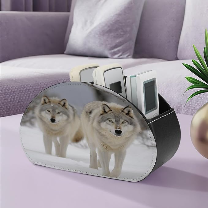 Remote Control Holder,Two Wolves Walking in The Snow Printed PU Leather Remote Caddy Desktop Organizer with 5 Compartments for Media Accessories & Office Supplies Storage