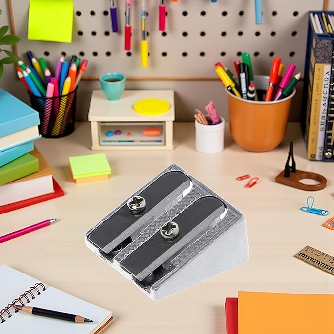 Silver Metal Bevelled Double Hole Pencil Sharpener School Office Sharpener Stationery Writing and Correction Supplies,Office and School Supplies