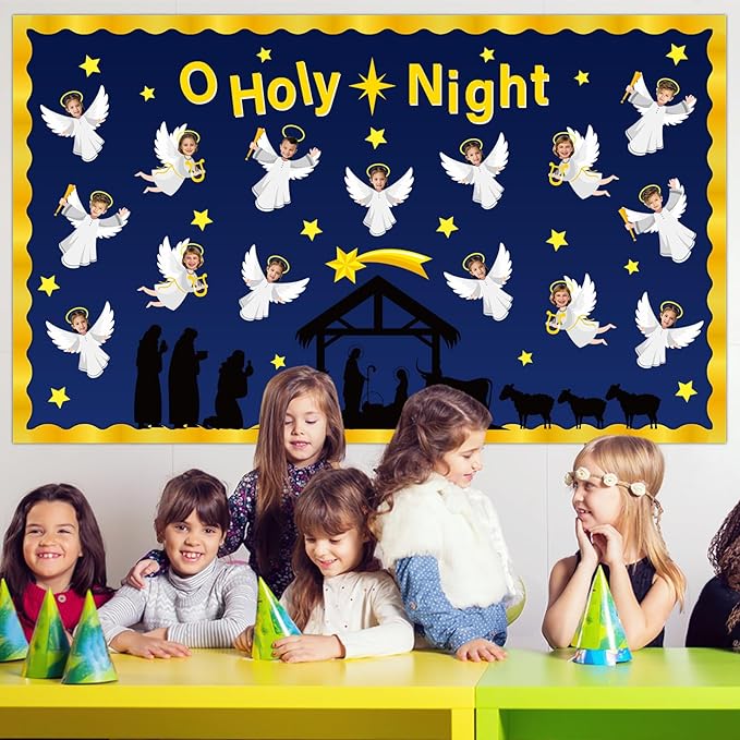 Christmas Nativity Religious Bulletin Board Set - Angel DIY Photo Craft Bulletin Board Classroom Decoration Nativity Scene Cutouts for School Church Chalkboard Wall Office Decor