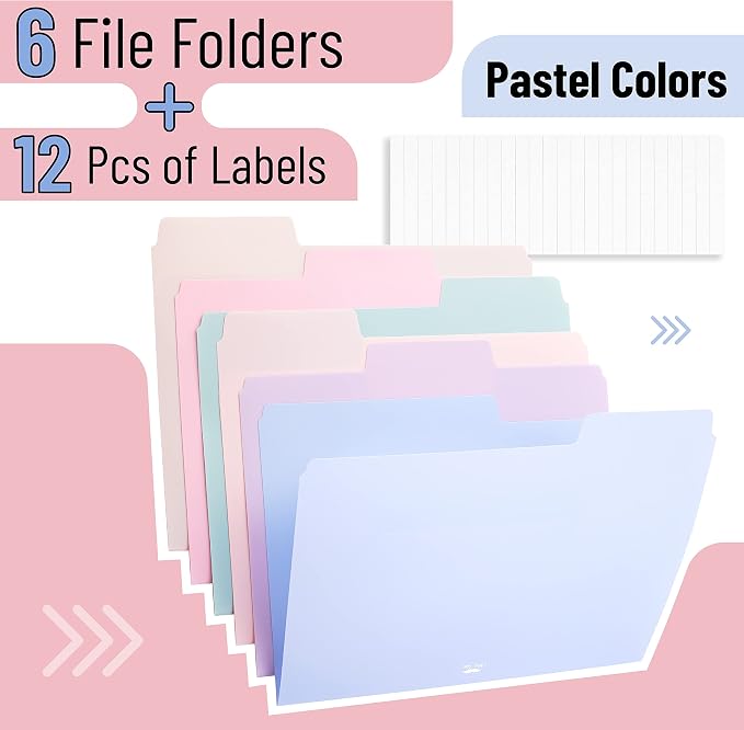 Mr. Pen- Pastel File Folders, 1/3 Cut Tab, 6 Pack, Letter Size, Colored Letter Office Supplies File Folders