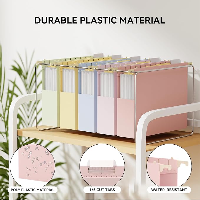 Ansook Plastic Hanging File Folders, 12 Pack Letter Size Hanging Folders for Filing Cabinet, Expandable Hanging File Folder Organizer for Office School Home, Insertable 1/5-Cut Tabs - Assorted Colors