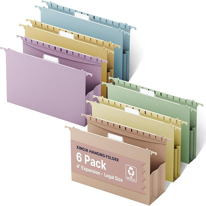 XINGIA Legal Size Hanging File Folders,Extra Capacity 4 Inch Hanging File Folders with Tabs,6 Pack Pastel Wheat Straw File Folders for Cabinets,Expandable Hanging File Organizer for School Office